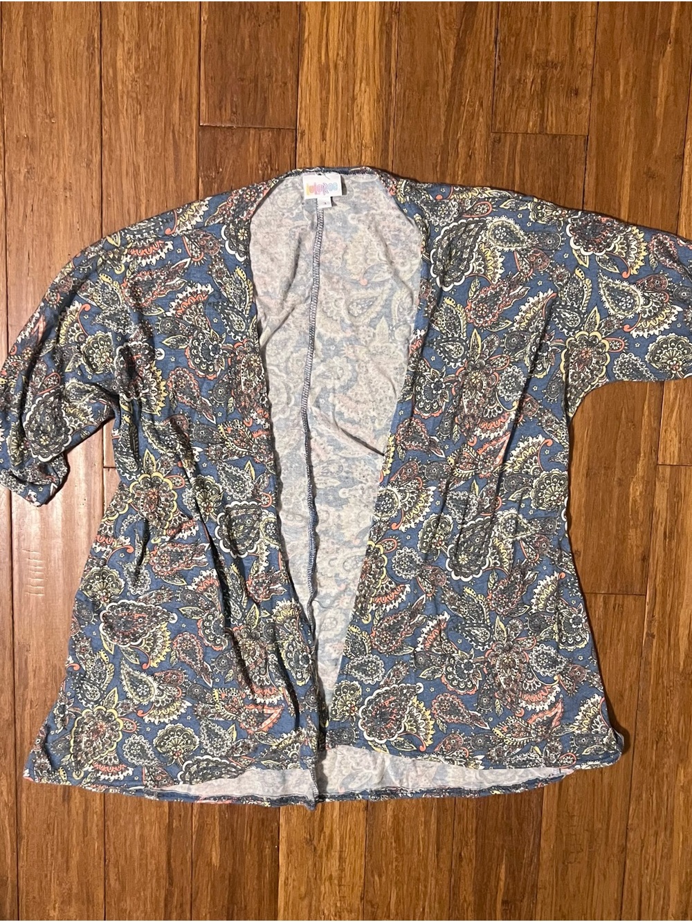 LuLaRoe Bianca Blue Paisley Open-Front Cardigan with Multicolor Accents